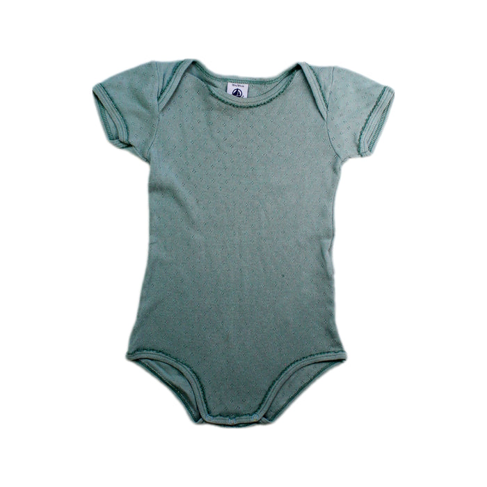 A Green Short Sleeve Bodysuits from Petit Bateau in size 12-18M for girl. (Front View)