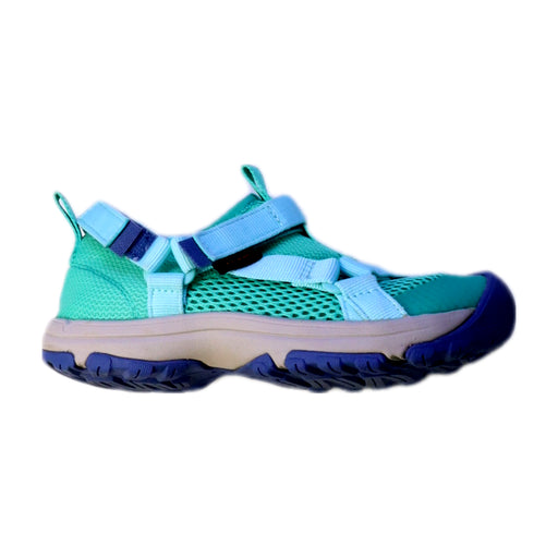 A Teal Aqua Shoes from Teva in size 6T for girl. (Front View)