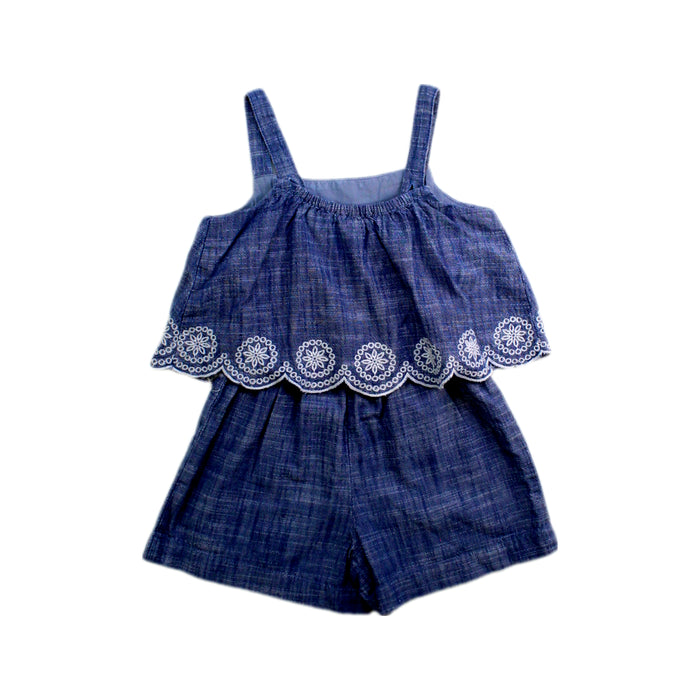 A Navy Sleeveless Rompers from Hope & Henry in size 2T for girl. (Back View)