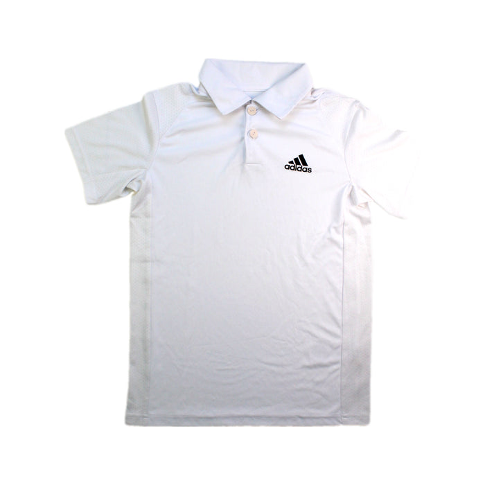 A White Short Sleeve Polos from Adidas in size 10Y for boy. (Front View)