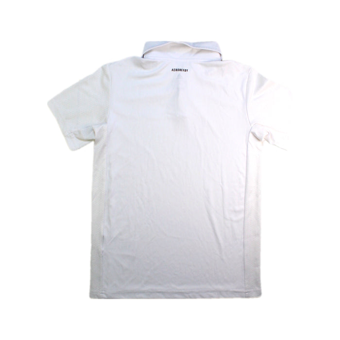 A White Short Sleeve Polos from Adidas in size 10Y for boy. (Back View)