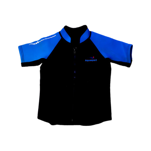 A Black Rash Guards from Aquasport in size 6T for boy. (Front View)