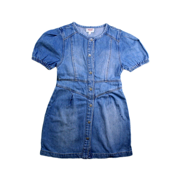 A Blue Short Sleeve Dresses from Seed in size 6T for girl. (Front View)