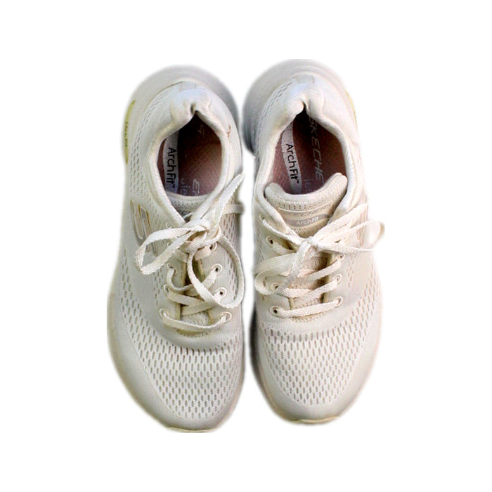 A White Sneakers from Skechers in size 10Y for girl. (Back View)