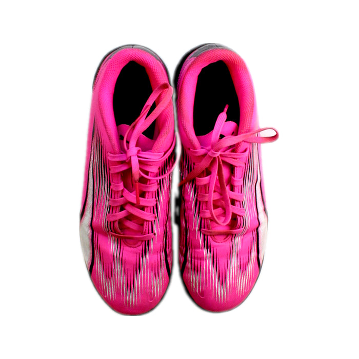 A Pink Cleats/Soccer Shoes from Puma in size 12Y for girl. (Back View)
