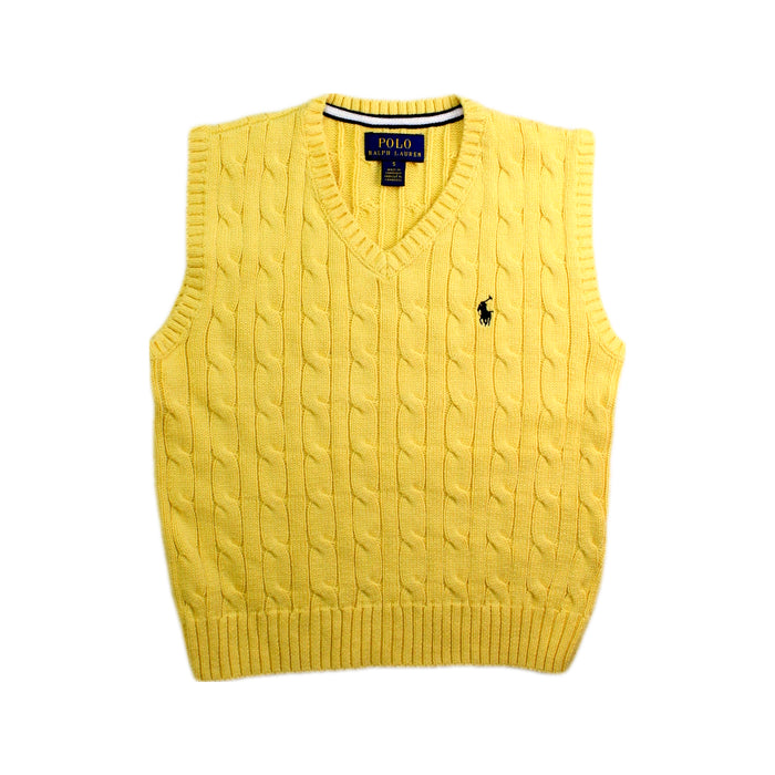 A Yellow Sweater Vests from Polo Ralph Lauren in size 5T for boy. (Front View)