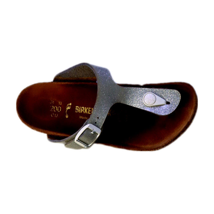 A Silver Sandals from Birkenstock in size 6T for girl. (Front View)