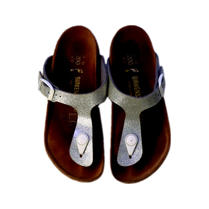 A Silver Sandals from Birkenstock in size 6T for girl. (Back View)