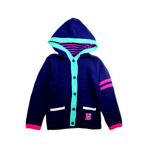 A Navy Buttoned Sweatshirts from Tommy Hilfiger in size 4T for girl. (Front View)