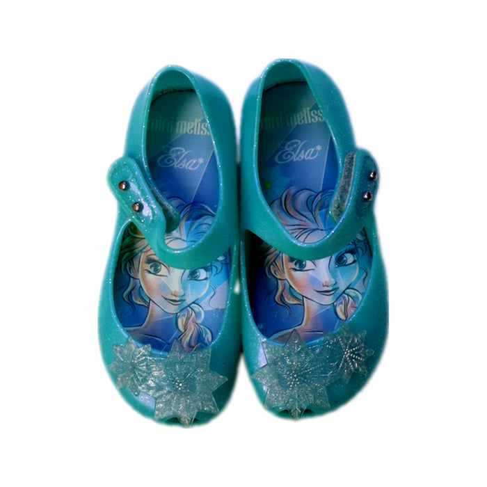 A Teal Flats from Mini Melissa in size 3T for girl. (Back View)