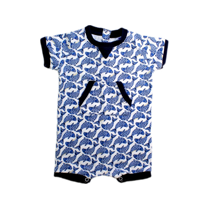 A Blue Short Sleeve Rompers from Petit Bateau in size 6-12M for boy. (Front View)