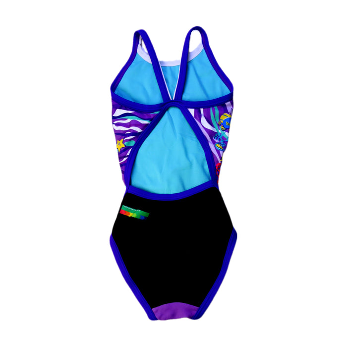 A Purple Swimsuits from Arena in size 5T for girl. (Back View)