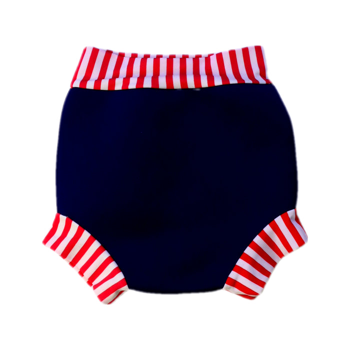 A Navy Swim Diapers from Splash About in size 6-12M for boy. (Back View)