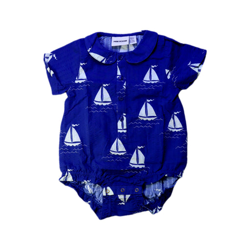 A Navy Short Sleeve Rompers from Mini Rodini in size 12-18M for girl. (Front View)