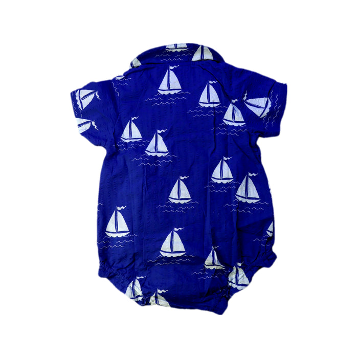 A Navy Short Sleeve Rompers from Mini Rodini in size 12-18M for girl. (Back View)