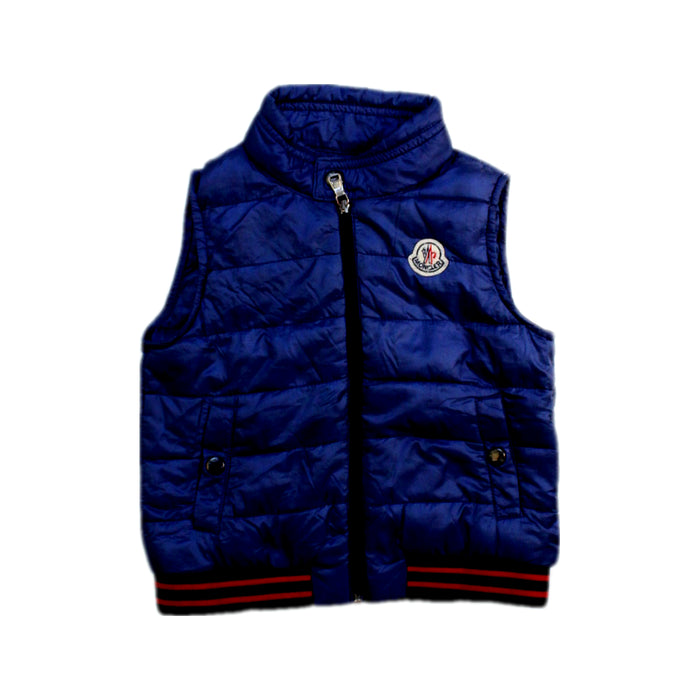 A Blue Outerwear Vests from Moncler in size 12-18M for boy. (Front View)