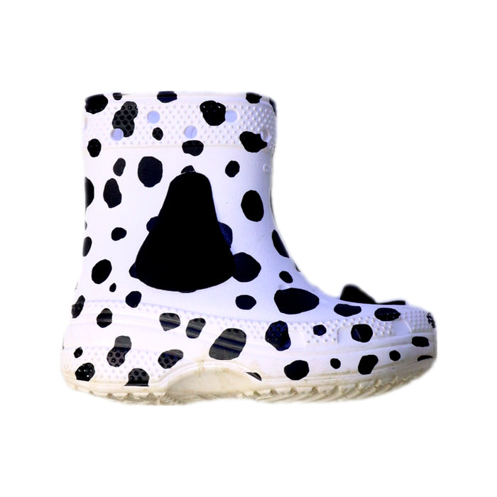 A White Rain Boots from Crocs in size 3T for neutral. (Front View)