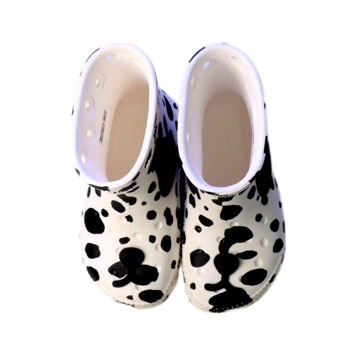A White Rain Boots from Crocs in size 3T for neutral. (Back View)