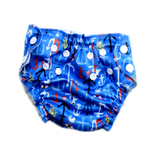 A Blue Swim Diapers from Apple Cheeks in size 12-18M for boy. (Front View)