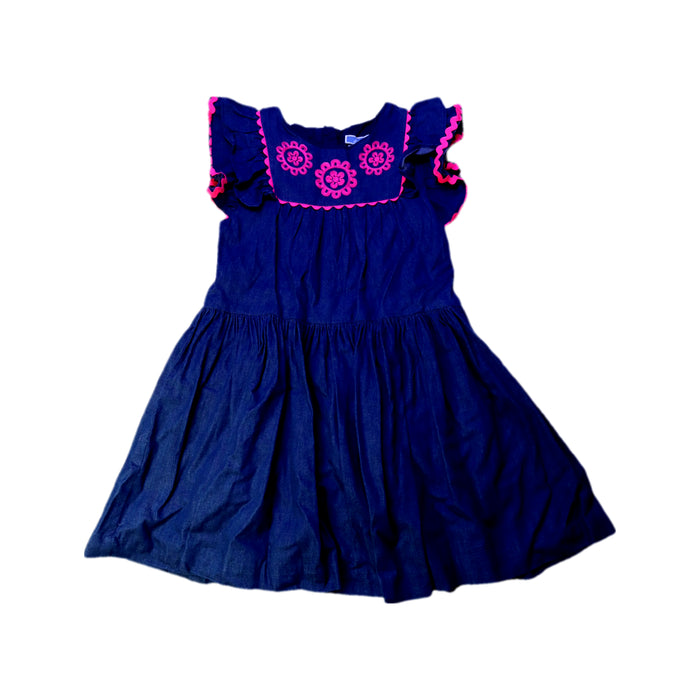 A Blue Sleeveless Dresses from Jacadi in size 6T for girl. (Front View)