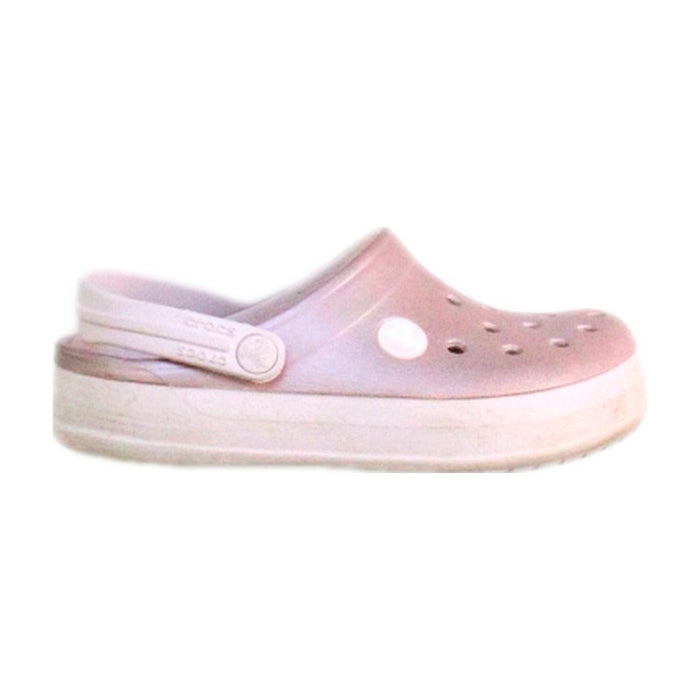 A Pink Slip Ons from Crocs in size 4T for girl. (Front View)