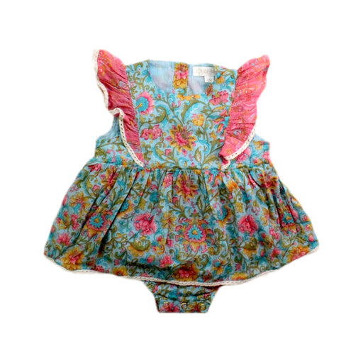 A Blue Sleeveless Rompers from Louise Misha in size 3-6M for girl. (Front View)