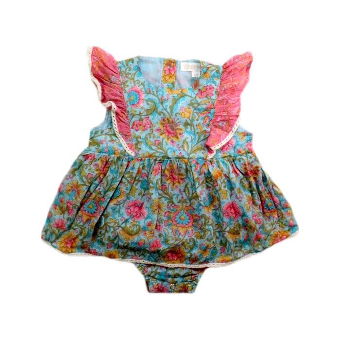 A Blue Sleeveless Rompers from Louise Misha in size 3-6M for girl. (Front View)