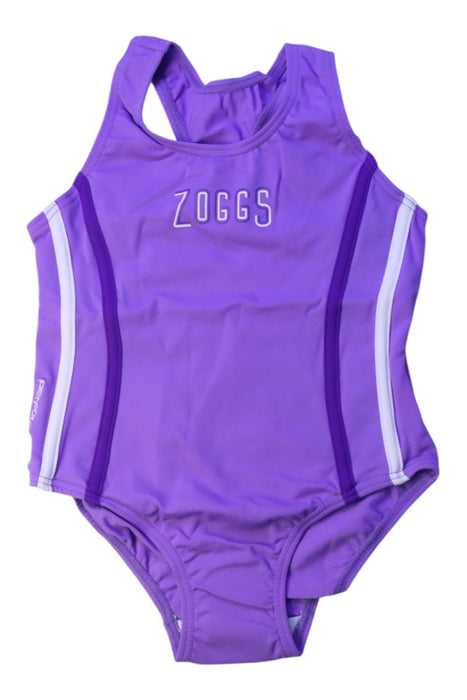 A Purple Swimsuits from Zoggs in size 6T for girl. (Front View)