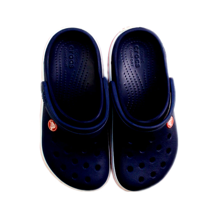 A Navy Slip Ons from Crocs in size 5T for neutral. (Back View)