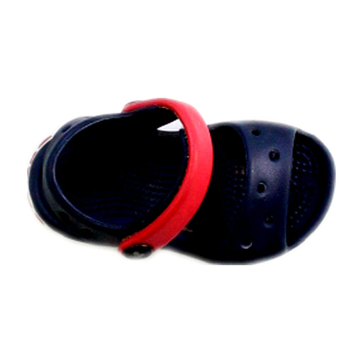 A Navy Sandals from Crocs in size 12-18M for girl. (Front View)