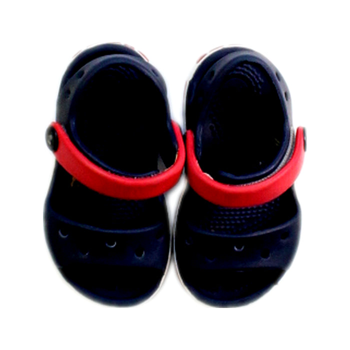 A Navy Sandals from Crocs in size 12-18M for girl. (Back View)