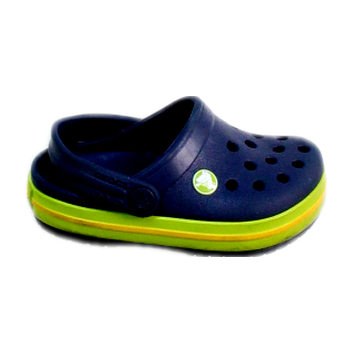 A Navy Slip Ons from Crocs in size 12-18M for boy. (Front View)