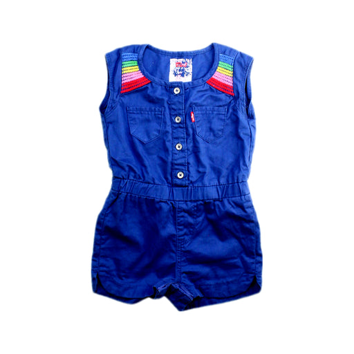 A Blue Sleeveless Rompers from Levi's in size 12-18M for girl. (Front View)