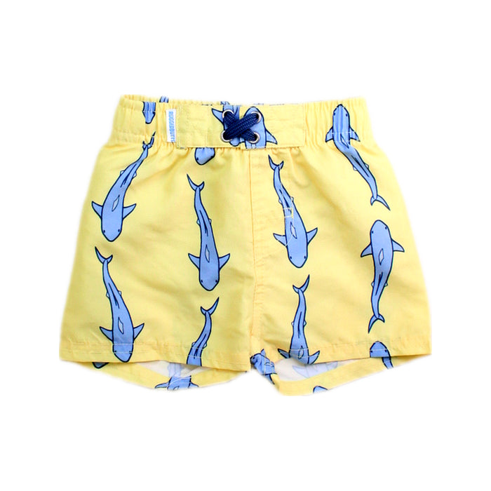 A Yellow Swim Shorts from RuggedButts in size 3-6M for boy. (Front View)