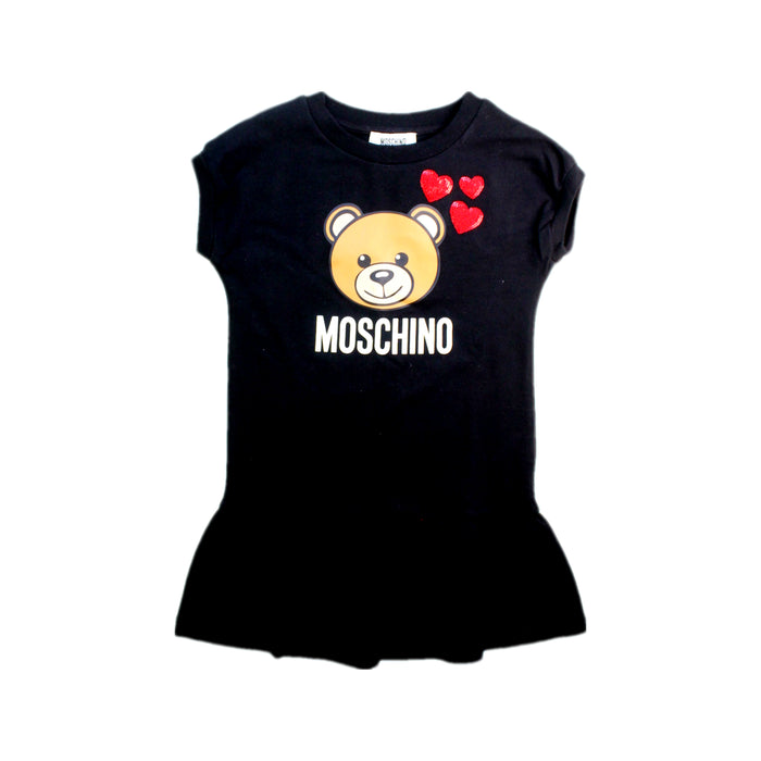 A Black Short Sleeve Dresses from Moschino in size 4T for girl. (Front View)