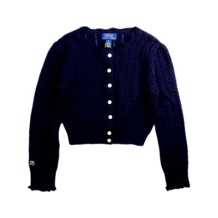 A Navy Cardigans from Polo Ralph Lauren in size 6T for girl. (Front View)