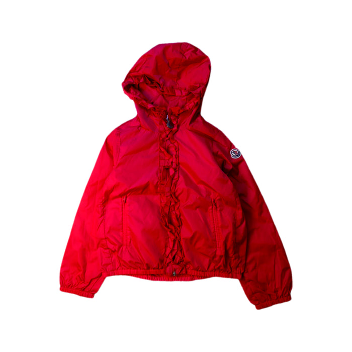 A Pink Rain Jackets from Moncler in size 4T for girl. (Front View)
