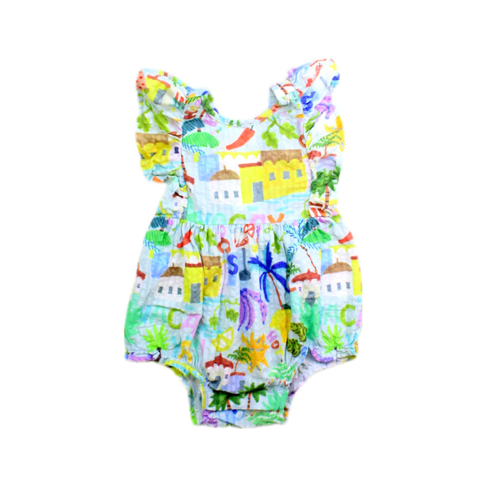 A Multicolour Sleeveless Rompers from Walnut in size 0-3M for girl. (Front View)
