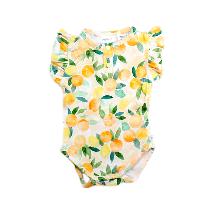 A Yellow Short Sleeve Bodysuits from Snuggle Hunny in size 0-3M for girl. (Front View)