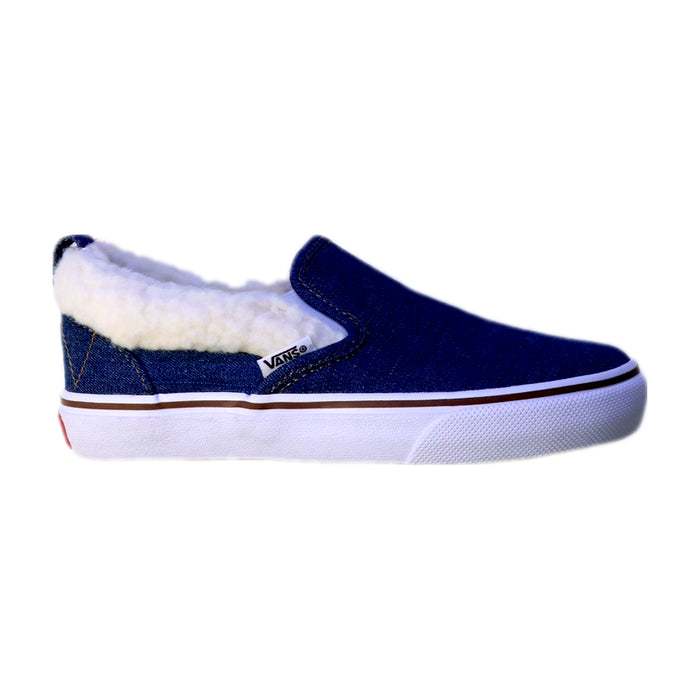 A Blue Slip Ons from Vans in size 7Y for neutral. (Front View)