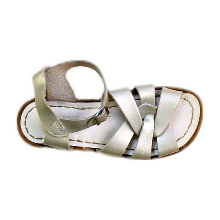 A Silver Sandals from Salt-Water in size 6T for girl. (Front View)