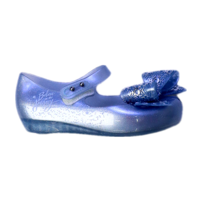 A Blue Flats from Mini Melissa in size 4T for girl. (Front View)