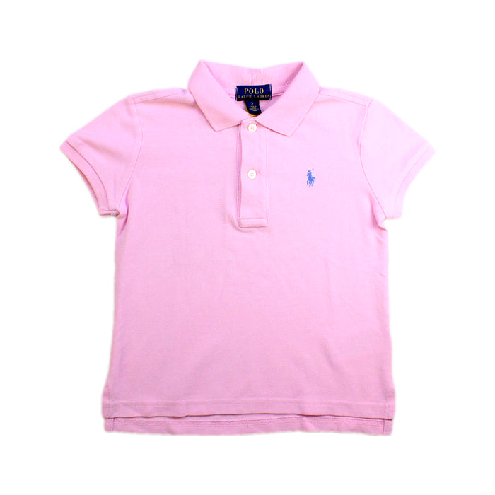 A Pink Short Sleeve Polos from Polo Ralph Lauren in size 5T for girl. (Front View)