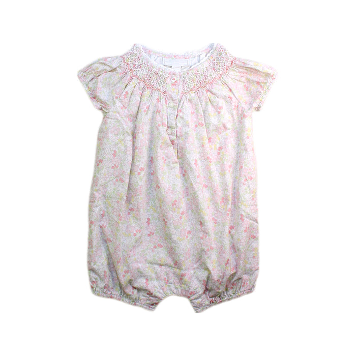 A Pink Short Sleeve Rompers from The Little White Company in size 6-12M for girl. (Front View)