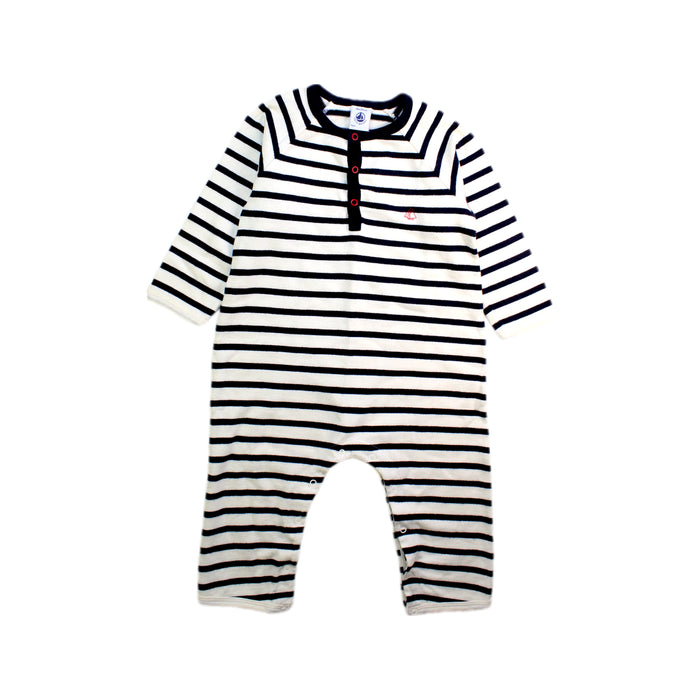 A Navy Long Sleeve Rompers from Petit Bateau in size 12-18M for boy. (Front View)