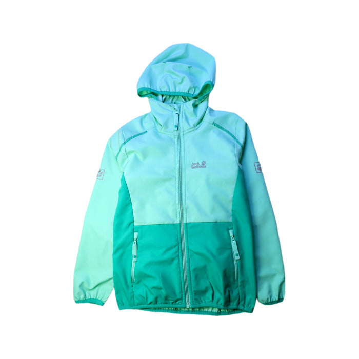 A Green Rain Jackets from Jack Wolfskin in size 10Y for boy. (Front View)