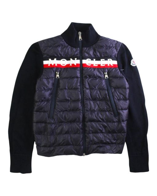 A Navy Puffer/Quilted Jackets from Moncler in size 10Y for boy. (Front View)