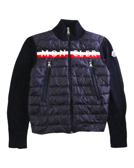 A Navy Puffer/Quilted Jackets from Moncler in size 10Y for boy. (Front View)