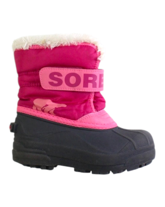 A Pink Winter Boots from Sorel in size 5T for girl. (Front View)