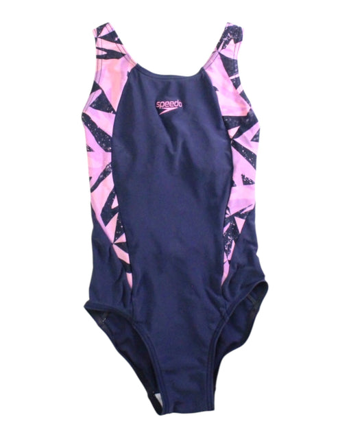A Navy Swimsuits from Speedo in size 5T for girl. (Front View)